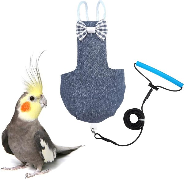 VANFAVORI Bird Diaper Harness Flight Suit Clothes with 80 Inch Flying Leash for Parrots Cockatiel Pet Birds, Denim Blue, S Size, Including A Cotton Pad