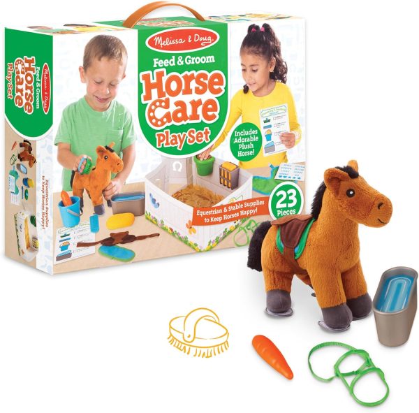 Melissa & Doug Feed & Groom Horse Care Play Set With Plush Stuffed Animal (23 pcs) - Pretend Play Horse Plush Toys For Girls And Boys Toddlers Ages 1+, Multi-colored