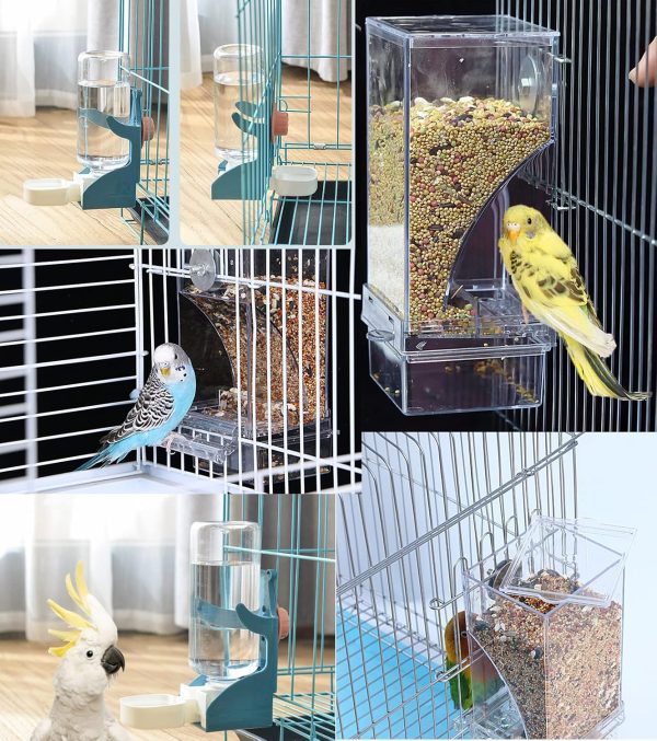 Kenond No Mess Bird Feeder Water Dispenser Set, Automatic Parrot Feeder Cage Accessories, Clear Parakeet Seed Container Food Feeder Drinker for Cage, Cockatiel Finch Lovebirds Budgies Canary (Blue) - Image 2