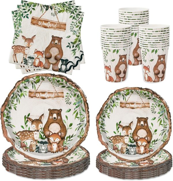 100Pcs Woodland Animal Baby Shower Tableware Set Forest Creature Friend Paper Plates Napkins and Cups Disposable For 25 Guest Birthday Holiday Party Supplies