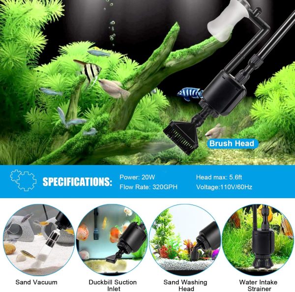 AQQA Aquarium Gravel Cleaner, 6-in-1 Electric Fish Tanks Gravel Vacuum Cleaner Set for Remove Dirt, Change Water, Wash Sand, Water Shower, Water Circulation (20W, 320GPH) - Image 3