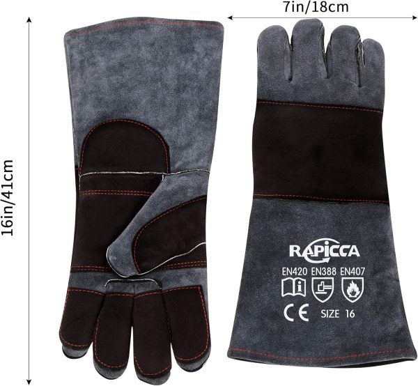 RAPICCA Animal Handling Gloves Bite Proof Double Leather Reinforced Padding Dog,Cat Scratch,Bird Handling Falconry Gloves Grabbing Reptile Squirrel Snake Bite 16in Grey-Black - Image 8