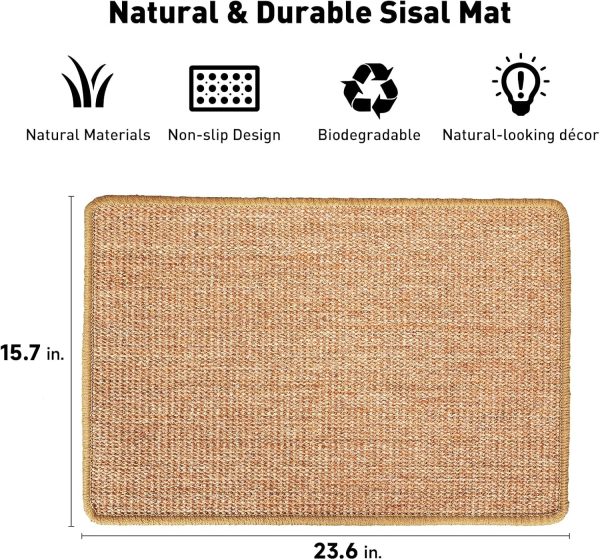 FUKUMARU Cat Scratcher Mat, 23.6 X 15.7 Inch Natural Sisal Cat Scratch Mats, Horizontal Cat Floor Scratching Pad Rug with Sticky Velcro Tapes, Protect Couch and Carpets - Image 2