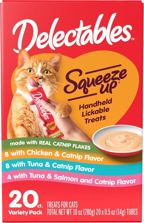 Delectables Squeeze Up Catnip Variety Pack, Creamy Squeezable Puree, Lickable Wet Cat Treats, Grain Free, No Added Fillers, No by-Products, No Added Preservatives, 0.5 Ounces Tube, 20 Tubes Total