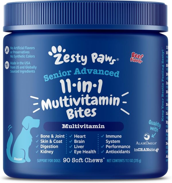 Zesty Paws Senior Dog Multivitamin Treats - Glucosamine for Dogs + Digestive Enzymes & Probiotics - Grain Free Dog Vitamins for Skin & Coat + Immune Health - Beef - Advanced - 90ct