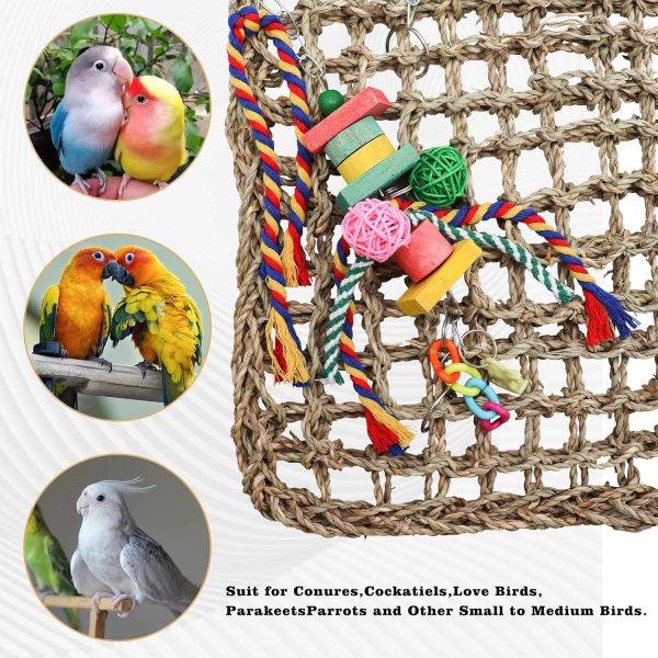 Large Bird Swing Toys, Colorful Parrot Seagrass Mat Hammock with Blocks, Bird Foraging Toy, Bird Cage Accessories, Suitable for Small to Medium Birds Parakeets Lovebirds Cockatiels 15.7 × 11.8 Inches - Image 5