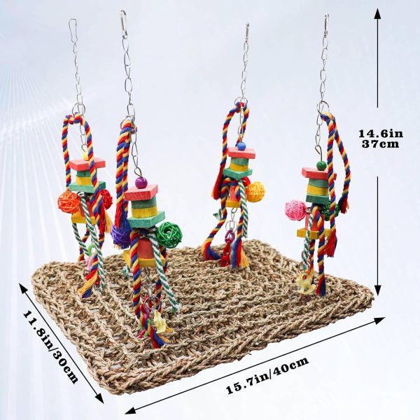 Large Bird Swing Toys, Colorful Parrot Seagrass Mat Hammock with Blocks, Bird Foraging Toy, Bird Cage Accessories, Suitable for Small to Medium Birds Parakeets Lovebirds Cockatiels 15.7 × 11.8 Inches - Image 6