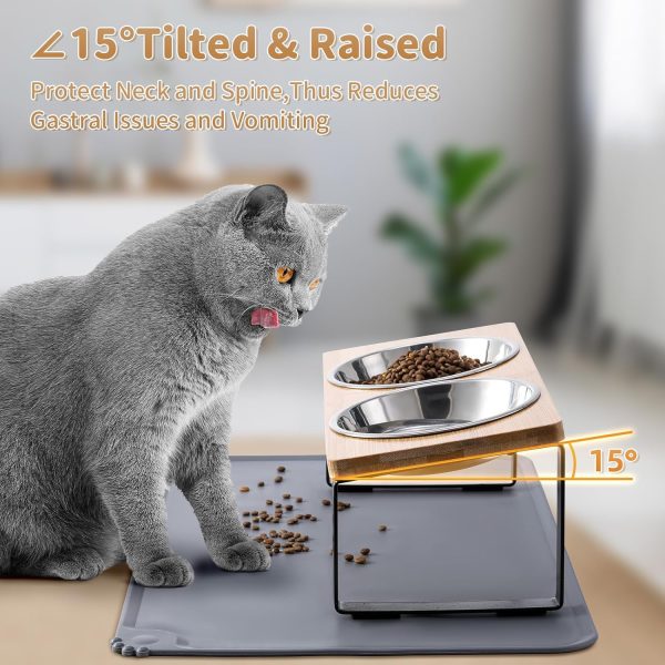 Upgraded Elevated Cat Bowls with Food Mat,15°Tilted Stand Anti Vomiting Raised Cat Dishes for Food and Water,2 Stainless Steel Bowls for Cats and Puppy - Image 4