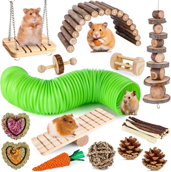 VESPRO Hamster Toys Set, Guinea Pig Toys Small Animal Chewing Toy and Rat Cage Accessories, Chinchillas, Gerbils, Rats, Rabbit Rodents Teeth Care, Apple Wood Timothy Hay Mouse Toy Swing Seesaw Bridge