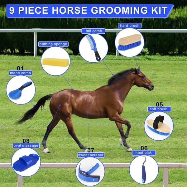 9 Pieces Grooming Kit with Tote Bag - Horse Brush Set, Sweat Scraper, Sponge, Hoof Pick, Curry Comb for Riders and Beginners (Blue) - Image 3