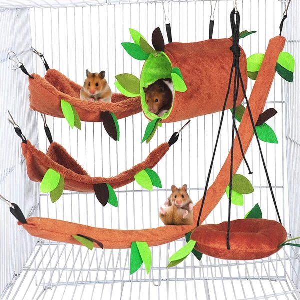 Hamiledyi 5PCS Hamster Hammock Sugar Glider Hammock Set Sugar Glider Cage Accessories Toys Small Animals Hanging Bed Hideout Tunnel Swing Rodent Hammock for Small Hamster Rat Gerbil Sugar Glider