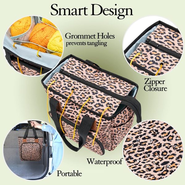 VICARKO Yarn Storage Tote, Knitting Bag, with Inner Dividers, Pockets for Crochet Hooks & Needles, 4 Grommet Holes, Project Storage, Zipper Closure Cover, Shoulder Bags, Animal Print - Image 5