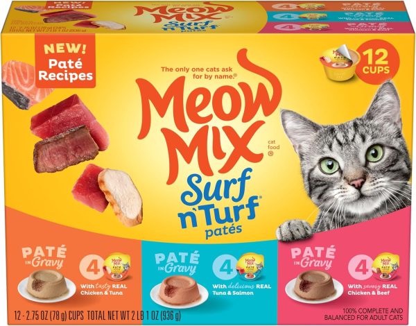 Meow Mix Paté in Gravy Wet Cat Food Variety Pack, Surf n’ Turf Patés 2.75 Ounce (Pack of 12)