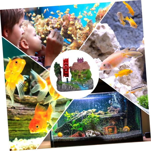 Aquarium Landscape Stone House with Water Wheel Model Unique Fish Tank Decoration for Goldfish and Aquatic Pets Decor for Aquarium Environments - Image 2