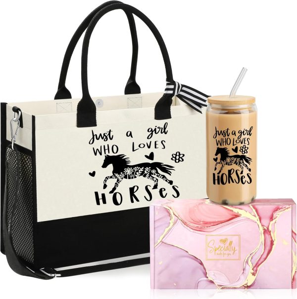 Horse Gift for Girls Horse Tote Bag for Horse Lovers 16oz Horse Glass Cup 2Pcs Birthday Gifts for Daughter Sister Friends.