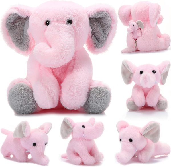 5 Pcs Plush Elephant Stuffed Animals with Babies, Mommy Elephant with 4 Plush Baby Soft Plush Elephants Animals Playset for Party Supplies, Favors, Decorations, Stocking Stuffers (Gray Pink)