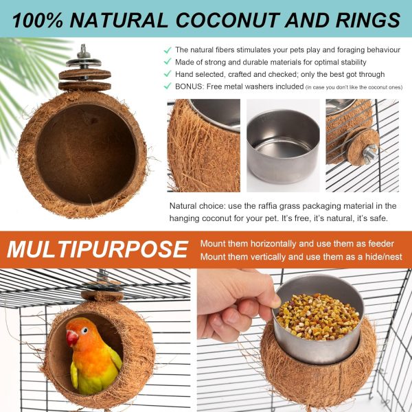 WOODSTICK Coconut Pet Feeder Bowl Set - Removable Stainless Steel Cup - Hanging Pet Cage Bowl - Food & Water Feeder Coop Cup for Small Animals Birds, Ferrets, Hamsters, Chinchillas, 2pcs - Image 2