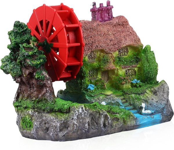 Aquarium Landscape Stone House with Water Wheel Model Unique Fish Tank Decoration for Goldfish and Aquatic Pets Decor for Aquarium Environments