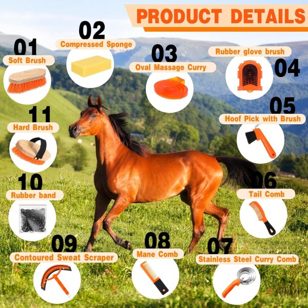 Abbylike 12 Pieces Horse Grooming Kit Tack Room Supplies Horse Brush Sets Equine Care Horse Cleaning Kit Shedding Grooming Massaging Tools(Orange) - Image 3