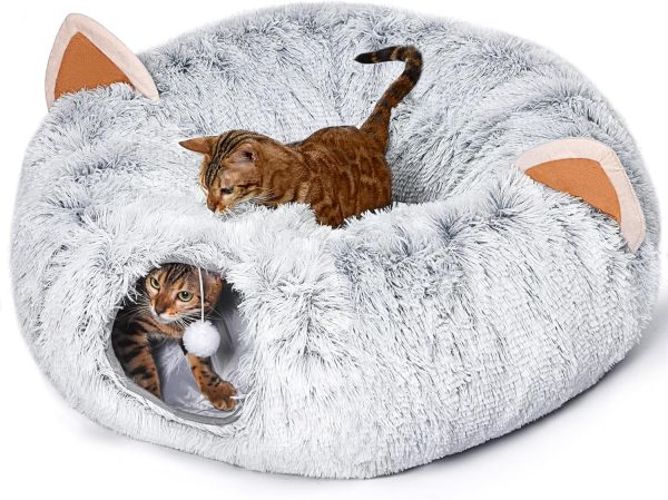 NEZIN Cat Tunnel with Cat Bed for Indoor Cats, Under Christmas Tree Plush Peekaboo Cat Cave, Multifunctional Cat Donut Tunnel Playground Toys for Cats Kitten Rabbit Ferret