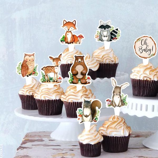 Ercadio 32 Pcs Double-sided Woodland Party Cupcake toppers Picks Woodland Decor Woodland Animals Cake Woodland Theme Baby Boy Girl Birthday Favors Woodland Party Supplies - Image 4