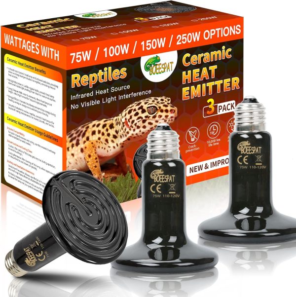 Energy Efficient 75W Reptile Heat Bulbs, Pack of 3 Ceramic Heat Emitters for Geckos, Turtle, Snake, Bearded Dragon, Lizards, Iguana, Reptile & Amphibians