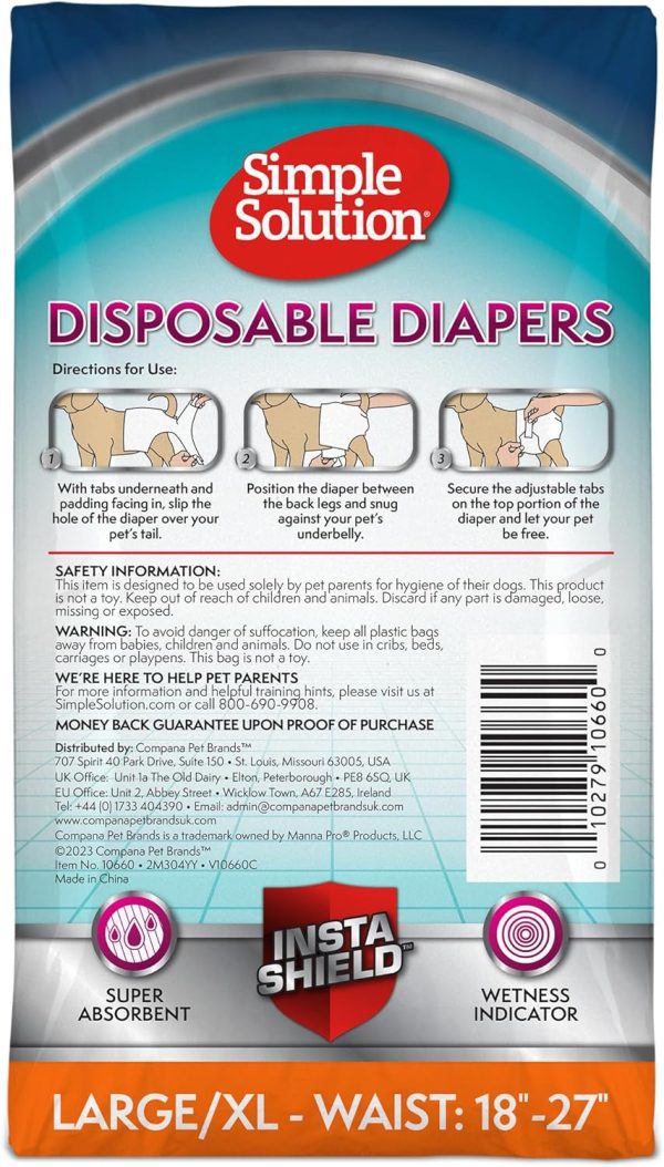 Simple Solution Disposable Dog Diapers for Female Dogs, True Fit, Absorbent, Leak Proof with Wetness Indicator, XL Puppy & Doggie Period Pad and Pee Diaper, For Large Pets, 18-27 Inch Waist, 30 Count - Image 2