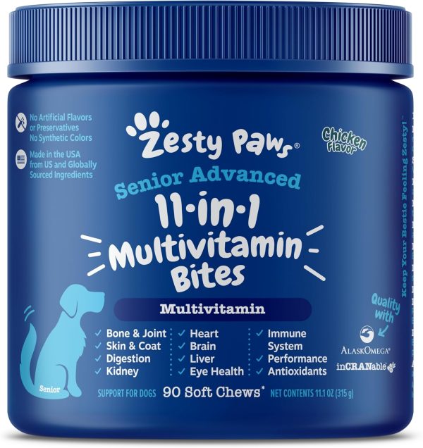 Zesty Paws Senior Dog Multivitamin Treats - Glucosamine for Dogs + Digestive Enzymes & Probiotics - Grain Free Dog Vitamins for Skin & Coat + Immune Health Chicken - Advanced - 90ct