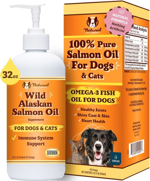 Natural Dog Company Wild-Caught Salmon Oil for Dogs (32oz) with Pump, Omega 3 Fish Oil Supplement for Joint Health, Skin & Coat, Dog Food Topper with Essential Fatty Acids, Dog Fish Oil Supplement