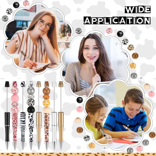 12 Set Plastic Beadable Pens Assorted Bead Pens Wood Beads Crystal Spacer Beads Set Round Beads Black Ink Ballpoint Pen DIY Bead Pen Set for Women Kids Gifts School Office Supplies (Animal Print) - Image 5