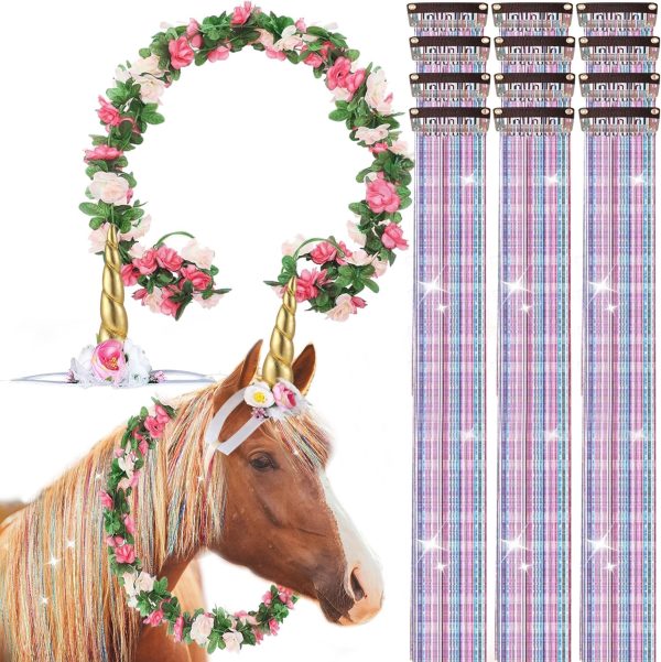 14 Pcs Horse Bling Accessory Clip in Hair Extensions for Mane and Tail Bling Pony Hair Tinsel with Unicorn Horn Headband and Flower Vine for Real Horses Western Bride Horse Lover (Multicolour)