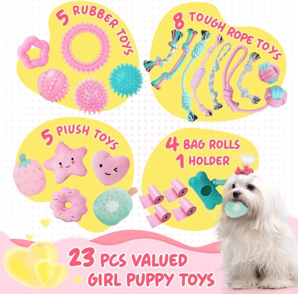 XIUGOAL Pink Puppy Toys for Boredom - 23 Pack Puppy Chew Toys for Teething, Interactive Dog Toys for Puppies, Cute Small Dog Toys with Treat Ball, Squeaky Dog Chew Toys and Ropes - Image 3