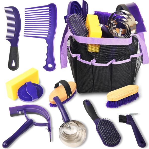 Horse Grooming Kit, 11 Piece Horse Bathing Supplies with Organize Bag, Horse Washing Full Body Kit, Including Sweat Scraper, Bath Sponge, Hoof Pick, Massage Comb(Purple）