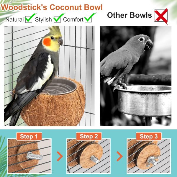 WOODSTICK Coconut Pet Feeder Bowl Set - Removable Stainless Steel Cup - Hanging Pet Cage Bowl - Food & Water Feeder Coop Cup for Small Animals Birds, Ferrets, Hamsters, Chinchillas, 2pcs - Image 4