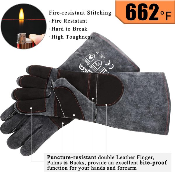 RAPICCA Animal Handling Gloves Bite Proof Double Leather Reinforced Padding Dog,Cat Scratch,Bird Handling Falconry Gloves Grabbing Reptile Squirrel Snake Bite 16in Grey-Black - Image 2