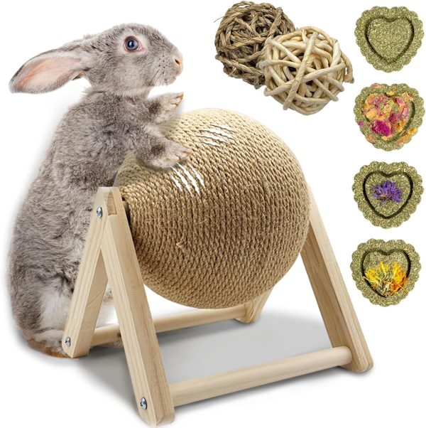 Rabbit Scratch Toy - Bunny Toys for Rabbits Scratcher, Natural Sisal Pet Claw Scratching Activity Ball, Wooden Small Animals Boredom Breaker for Indoor Ferrets Chinchillas (Large)