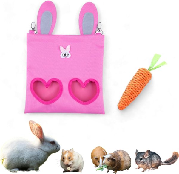 Hanging Rabbit Hay Feeder Bag with Chew Toys Set, Guinea Pig Hay Feeder, Bunny Feeders Holder Storage for Small Pets Bunnies Chinchilla Guinea Pigs Hamster Rats (Pink)