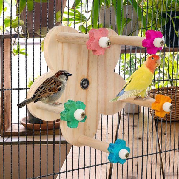 Wooden Parrots Ferris Wheel Toy with Perches, Bird Toy Rotating Perch Toy, Hanging Bird Stand Cage Accessories for Parakeet Parrot, Cockatiel, Budgerigar,Conure, Lovebirds - Image 3