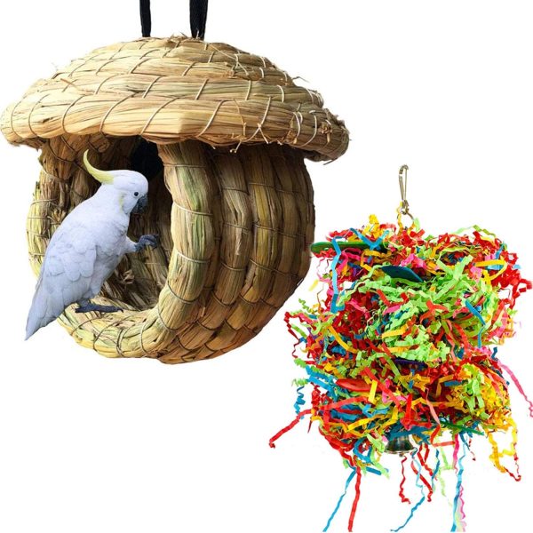 Hamiledyi Bird Nest Grass Bird Hut Outdoor Hanging Birdhouse Canary Nest Chickadee House Wren Nest Fiber Roosting Pocket for Parakeet Parrot Cockatiel Finch