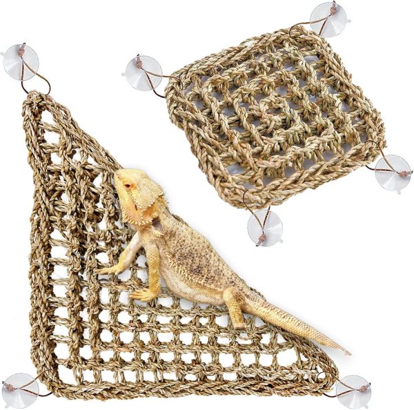 PIVBY Bearded Dragon Hammock Reptile Lounger Climbing Toys Seagrass Fiber Habitat Tank Accessories for Chameleon, Lizards, Geckos, Snakes, Lguana, Amphibian Reptiles Habitats (11.02" x 7.87" 2 PCS)