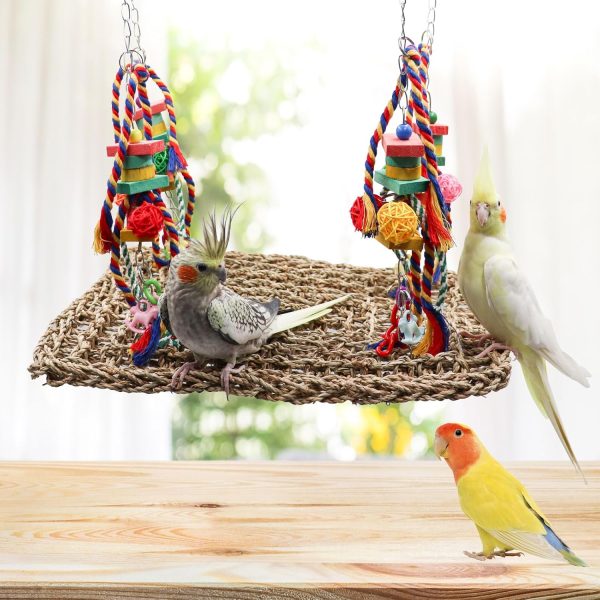 Large Bird Swing Toys, Colorful Parrot Seagrass Mat Hammock with Blocks, Bird Foraging Toy, Bird Cage Accessories, Suitable for Small to Medium Birds Parakeets Lovebirds Cockatiels 15.7 × 11.8 Inches - Image 2