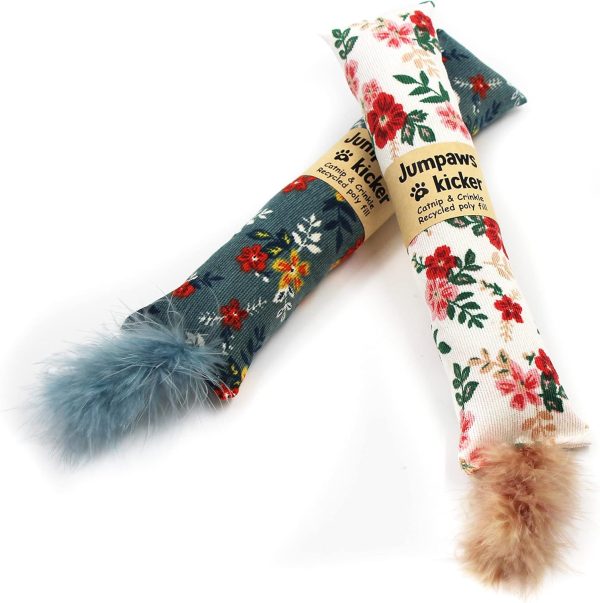 2 Pack Natural Interactive Catnip & Silvervine Cat Kicker with Feathers, Bite Resistant Chew Toy, Crinkle Kicker, Accessories for Indoor Cat, Premium Corduroy Floral - Image 4