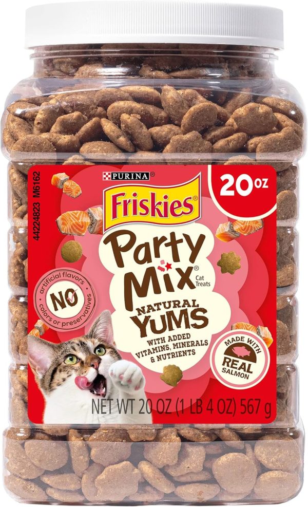 Purina Friskies Natural Cat Treats Party Mix Natural Yums With Real Salmon and Added Vitamins, Minerals and Nutrients - 20 Oz. Canister