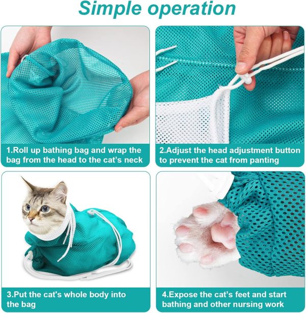 Cat Bathing Bag, Breathable Mesh Cat Shower Bag Anti Scratch Adjustable Cat Grooming Bag for Nail Trimming, Bathing Polyester Soft Cat Washing Bag (White-Green) - Image 6