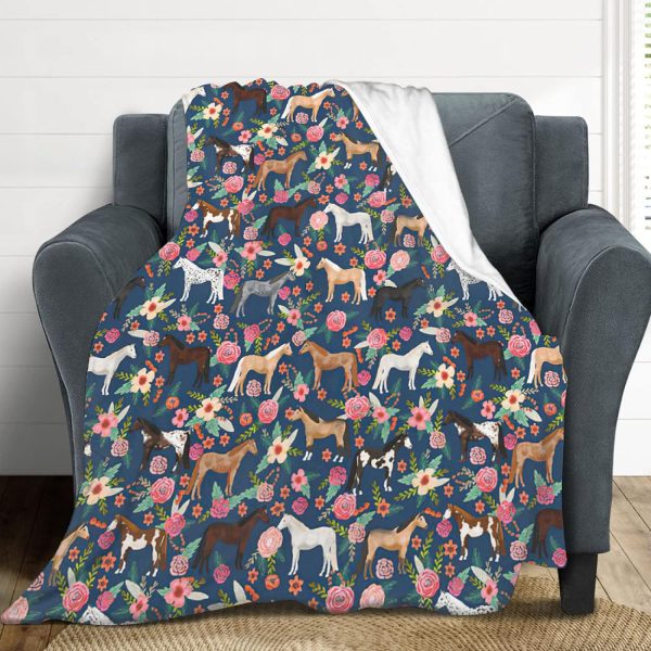 Horse Blanket Gifts for Girls Women Western Horses Flowers Fleece Flannel Throw Blankets Soft Lightweight Horse Plush Stuffed Animal Blue Throws for Horse Lovers Kids Adults Bed Sofa Decor 50" x40 - Image 5