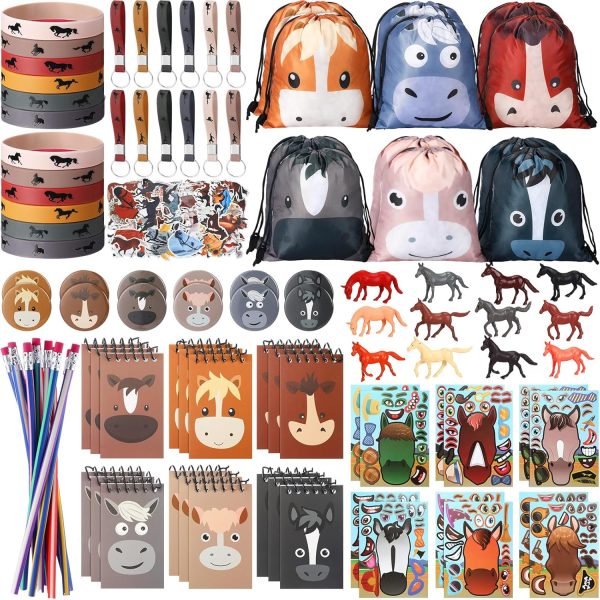 Liliful 152 Pcs Horse Themed Party Favor Supplies with Drawstring Bag Keychain Rubber Wristbands Badges Puzzle Stickers Horse Stickers Notepads Soft Pencils Simulated Horses for Horse Party Decoration