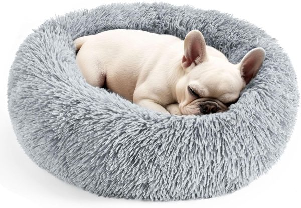 Hoewina Dog & Cat Bed, 20in Cat Beds for Indoor Cats, Calming Donut Bed for Puppy and Kitten, Washable Round Fluffy Pet Bed for Small Medium Dogs and Cats (Light Grey)