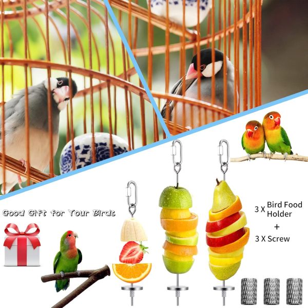 3Pcs Bird Food Holder, Bird Feeder Toy, Stainless Steel Small Animal Fruit Vegetable Stick Skewer, Foraging Hanging Food Feeding Treating Tool for Parrots Cockatoo Cockatiel Cage - Image 2