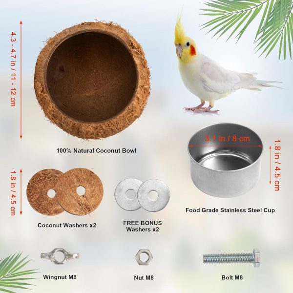 WOODSTICK Coconut Pet Feeder Bowl Set - Removable Stainless Steel Cup - Hanging Pet Cage Bowl - Food & Water Feeder Coop Cup for Small Animals Birds, Ferrets, Hamsters, Chinchillas, 2pcs - Image 3