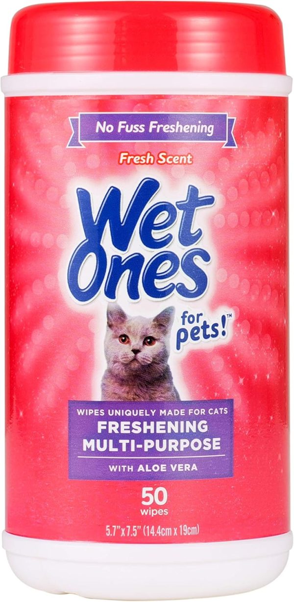 Wet Ones for Pets Cat Cleaning Wipes - Fresh Scent Cat Grooming Wipes with Aloe Vera - Safe Cat Hygiene Supplies - Cat Fur Cleaner - Cat Dander Wipes - Kitten Wipes - Pet Cleaning Supplies - 50 Count